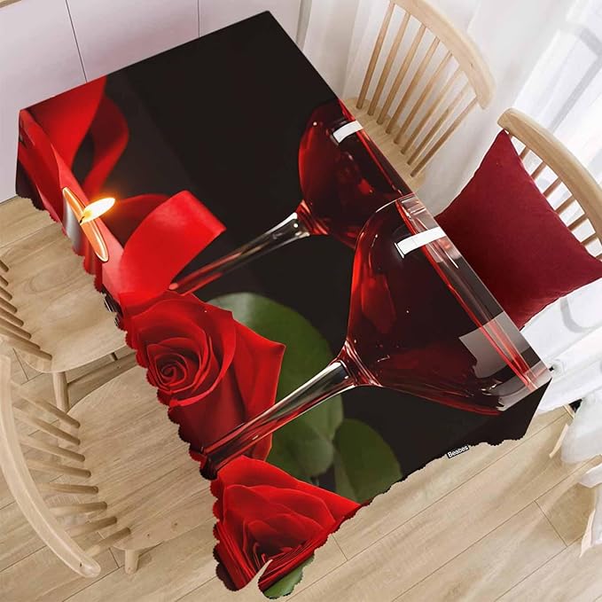 Wine Table Cloth Rectangle Table 52"X70", Romantic Red Wine Glasses Rose Wipeable Table Cover for Dinner Kitchen, Indoor Outdoor Tablecloth for Party Banquets Weddings