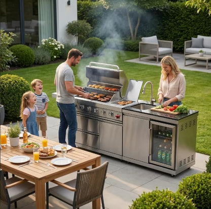 84" Outdoor Kitchen Island with 5-Burner 75,300 BTU Gas Grill,Rotisserie Oven,Mini Wine Fridge,Side Burner,Sink & Side Shelf.Included Natural Gas Converter,Movable BBQ Island for Patio & Backyard.