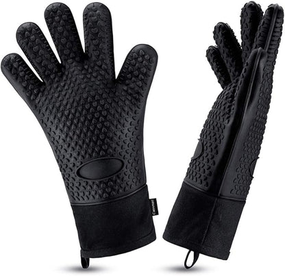 Comsmart BBQ Gloves, Heat Resistant Silicone Grilling Gloves, Long Waterproof BBQ Kitchen Oven Mitts with Inner Cotton Layer for Barbecue, Cooking, Baking, Smoker(Black)