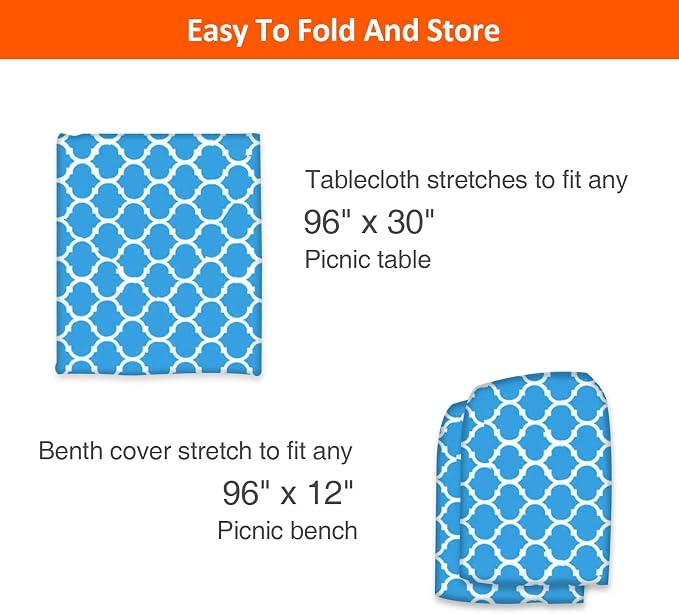 8ft 96in Picnic Table and Bench Cover, 3 Pack, Blue-White Moroccan | Waterproof, Windproof, Elastic Fitted Edges Tablecloth, for Rectangle Table & Seat, Camping Essentials RV Gear