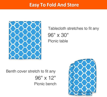 8ft 96in Picnic Table and Bench Cover, 3 Pack, Blue-White Moroccan | Waterproof, Windproof, Elastic Fitted Edges Tablecloth, for Rectangle Table & Seat, Camping Essentials RV Gear