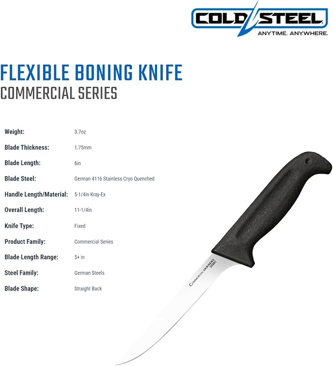 Cold Steel Commercial Series 6" Flexible German 4116 Stainless Steel Fixed Blade Narrow Straight Back Game & Fish Processing Cutting Boning Knife with Ergonomic Kray-Ex Handle