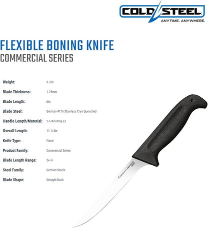 Cold Steel Commercial Series 6" Flexible German 4116 Stainless Steel Fixed Blade Narrow Straight Back Game & Fish Processing Cutting Boning Knife with Ergonomic Kray-Ex Handle