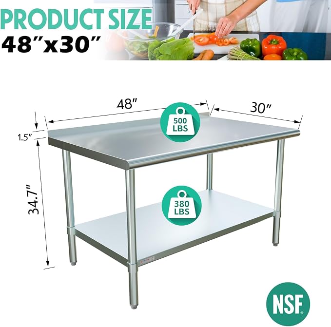 STABLEINK Stainless Steel Table with Backsplash 48x30 Inches 4ft for Prep | NSF Certified Metal Work Table Workbench with 1.5” Backsplash for Commercial Kitchen Restaurant Hotel Laundry Garage Chef