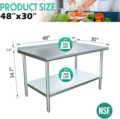 STABLEINK Stainless Steel Table with Backsplash 48x30 Inches 4ft for Prep | NSF Certified Metal Work Table Workbench with 1.5” Backsplash for Commercial Kitchen Restaurant Hotel Laundry Garage Chef