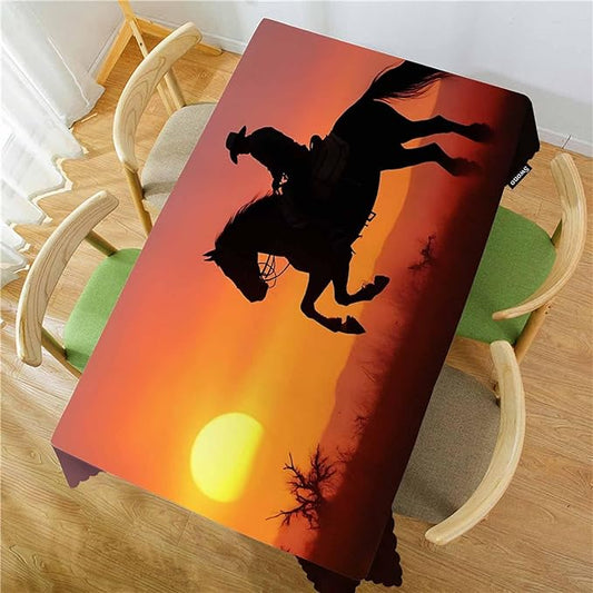 Swono Rectangle Tablecloth Cowboy Table Cover 52x70 Inch Western Cowboy Horse Sunset Ranch Heavy Duty Table Cloth for Rectangle Tables Decorative Tablecloth for Dining Party Camping BBQ