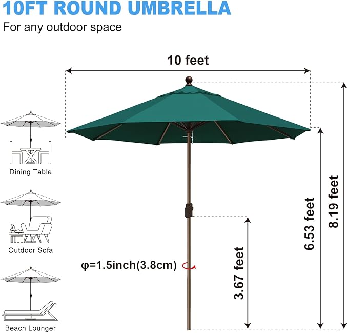 Eurmax USA 10-Year-Non-Fading 10FT Outdoor Patio Market Umbrella,UPF50+ UV Resistant Sun Shade,Heavy Duty Commercial Grade,Crank Lift Design,Windproof Vented Top for Garden,Pool,Deck,Forest Green