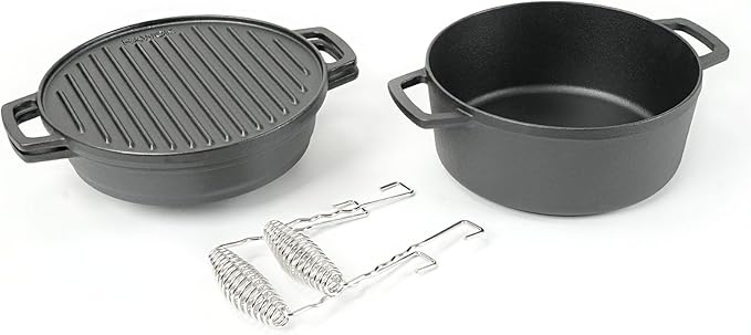 HAWOK 5 piece Stove Set, Pre-Seasoned Cast Iron Charcoal Grill Stove with 4QT Dutch Oven, with Multipurpose Lid, Five-Leg Buffet Tray, Multipurpose BBQ Stove Set