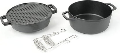 HAWOK 5 piece Stove Set, Pre-Seasoned Cast Iron Charcoal Grill Stove with 4QT Dutch Oven, with Multipurpose Lid, Five-Leg Buffet Tray, Multipurpose BBQ Stove Set
