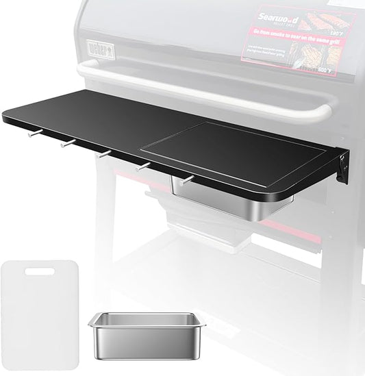 Front Folding Grill Table for Weber Searwood XL 600 Pellet Grill, 35" x 12.5" Large Prep Shelf with Stainless Steel Basin, Cutting Board, Lid & 5 Hooks, Heavy-Duty Weber Searwood XL 600 Accessories