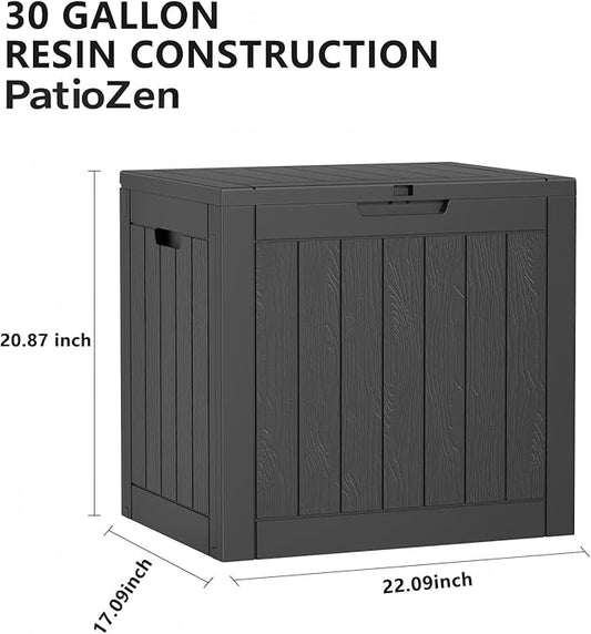 PatioZen 30 Gallon Resin Deck Box,Lockable Outdoor Storage Box for Patio Cushions Storage Furniture,Garden Tools,Pool Supplies, Weatherproof and UV Resistant (Black)