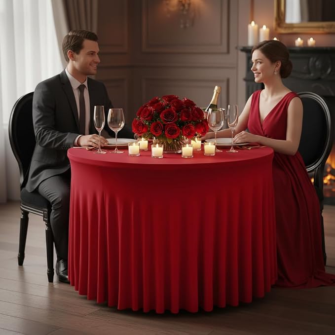 Red Tablecloths Spandex Table Covers for Christmas, 60 Inch Round,6 Pack | Spandex Table Skirts, For 5 Ft Bridal Shower Cake Table, Ruffle Design Banquets, Baby Showers, Parties,Wrinkle Resistant