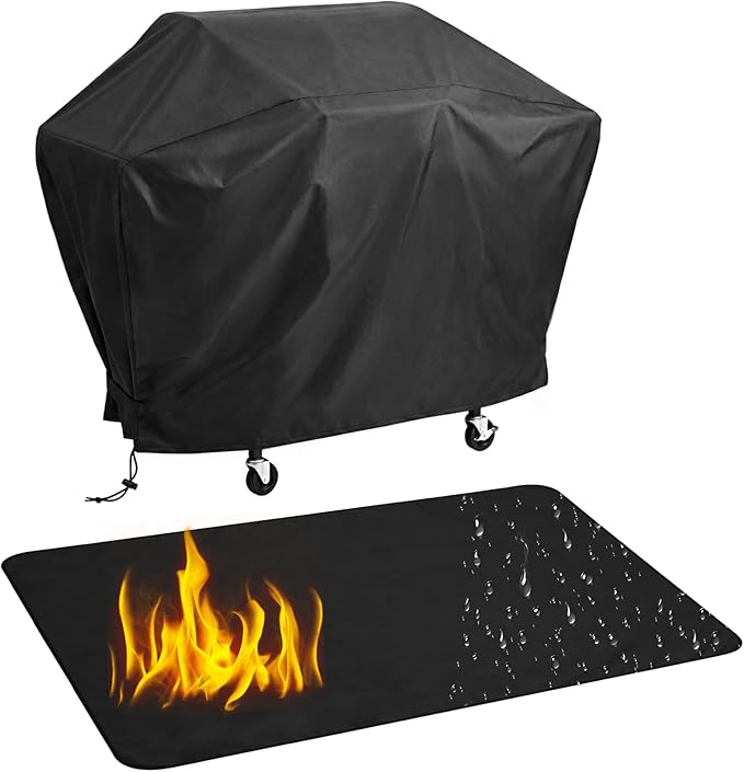 Tigeen 2 Pcs BBQ Grill Protector Cover and Under Grill Pad Set, 58'' Waterproof Windproof Barbecue Cover with Double Sided Oil Proof Fireproof Deck Mat for Outdoor Kitchen Patio Protection