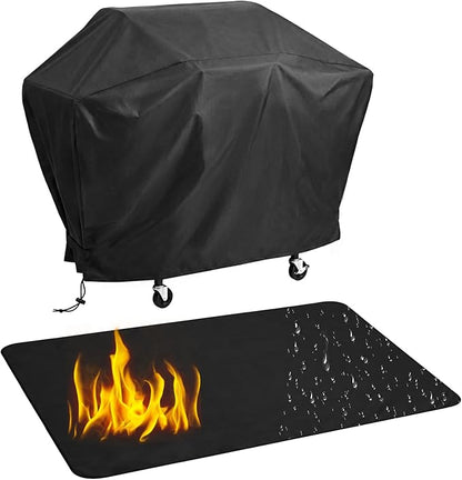 Tigeen 2 Pcs BBQ Grill Protector Cover and Under Grill Pad Set, 58'' Waterproof Windproof Barbecue Cover with Double Sided Oil Proof Fireproof Deck Mat for Outdoor Kitchen Patio Protection