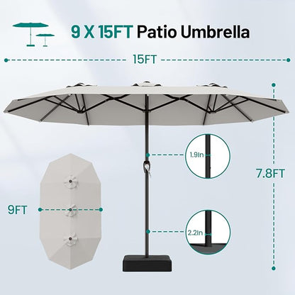 AreShark 15ft Patio Umbrella with Base, Double Sided Outdoor Umbrella with 12 Fiberglass Ribs, Large Outdoor Umbrella for Garden, Pool, Deck, Backyard & Market, Light Grey