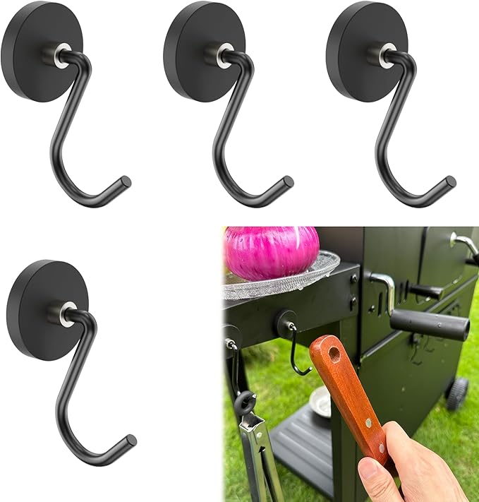 Magnetic Grill Hooks, Strong Magnetic Hook for Grill, Heavy Duty Magnet Hanger for Utensils, Powerful Magnet Hooks for BBQ Tools Refrigerator Toolbox Locker Kitchen Office, 4 Pack