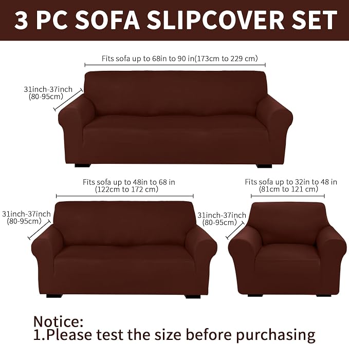 Peryiter 3 Pcs Couch and Loveseat Sofa Covers,Coffee Brown,Milk Silk | Armchair Covers for Living Room, Sofa Cushion Slipcover, Furniture Protector, Polyester and Spandex, Washable