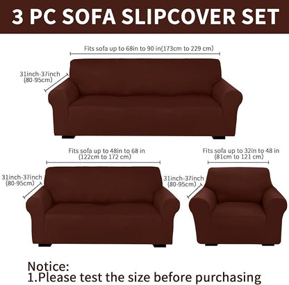 Peryiter 3 Pcs Couch and Loveseat Sofa Covers,Coffee Brown,Milk Silk | Armchair Covers for Living Room, Sofa Cushion Slipcover, Furniture Protector, Polyester and Spandex, Washable
