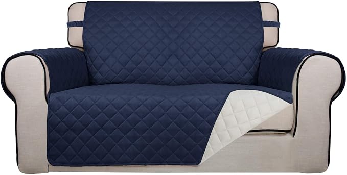 PureFit Reversible Quilted Sofa Cover, Water Resistant Medium Slipcover Furniture Protector, Washable Couch Cover with Non Slip Foam and Elastic Straps for Kids, Dogs, Pets (Loveseat, Navy/Ivory) | Navy/Ivory, Water Resistant Couch Protector, Washable ...