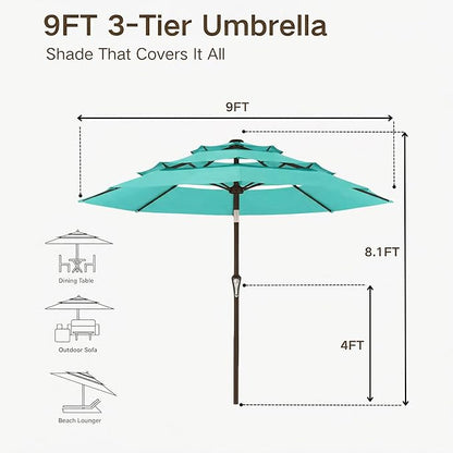 Kingdura 9ft 3-Tier Patio Umbrella, Outdoor Table Umbrella with Easy Crank & Tilt, 8 Reinforced Ribs, UV Protection for Deck, Pool, Market, Backyard (Tiffany blue)