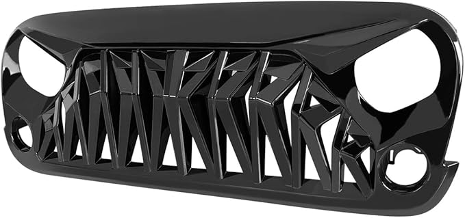 Front Grill Shark Grille Compatible with 2007-2018 Jeep Wrangler Rubicon Sahara Sport JK JKU, Glossy Black