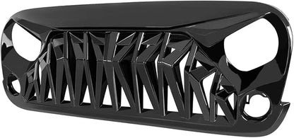 Front Grill Shark Grille Compatible with 2007-2018 Jeep Wrangler Rubicon Sahara Sport JK JKU, Glossy Black