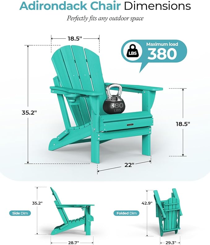 Ciokea Folding Adirondack Chair 4 Pack, Patio Adirondack Chair Weather Resistant, Plastic Fire Pit Chair with Cup Holder, Lawn Chair for Outdoor Porch Garden Backyard Deck (Lake Blue)