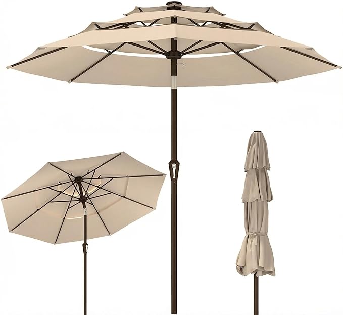 Kingdura 9ft 3-Tier Patio Umbrella, Outdoor Table Umbrella with Easy Crank & Tilt, 8 Reinforced Ribs, UV Protection for Deck, Pool, Market, Backyard (Beige)