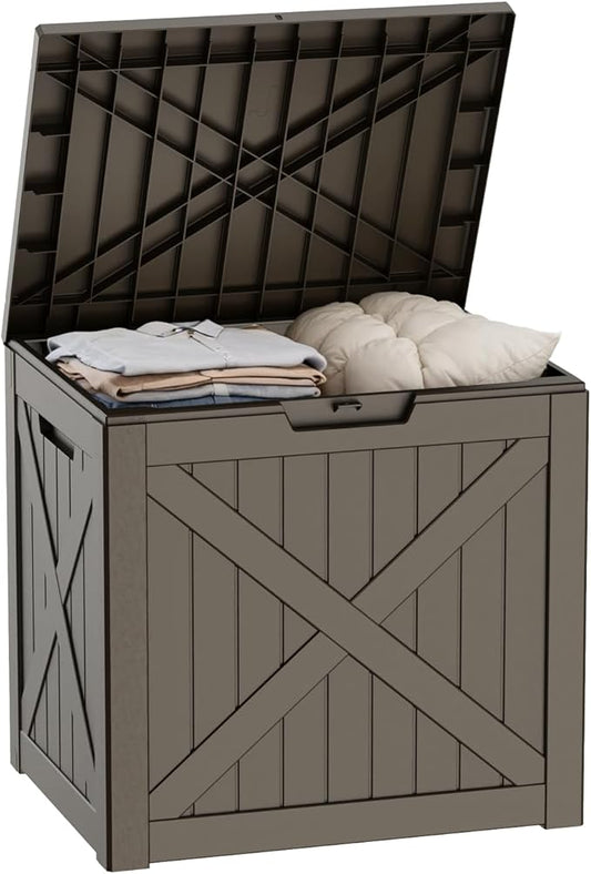 Pepe Tee Waterproof Resin Deck Box, Outdoor Storage Bin for Patio Furniture Cushions, All-Weather Garden Organizer & Seating Bench, Coffee