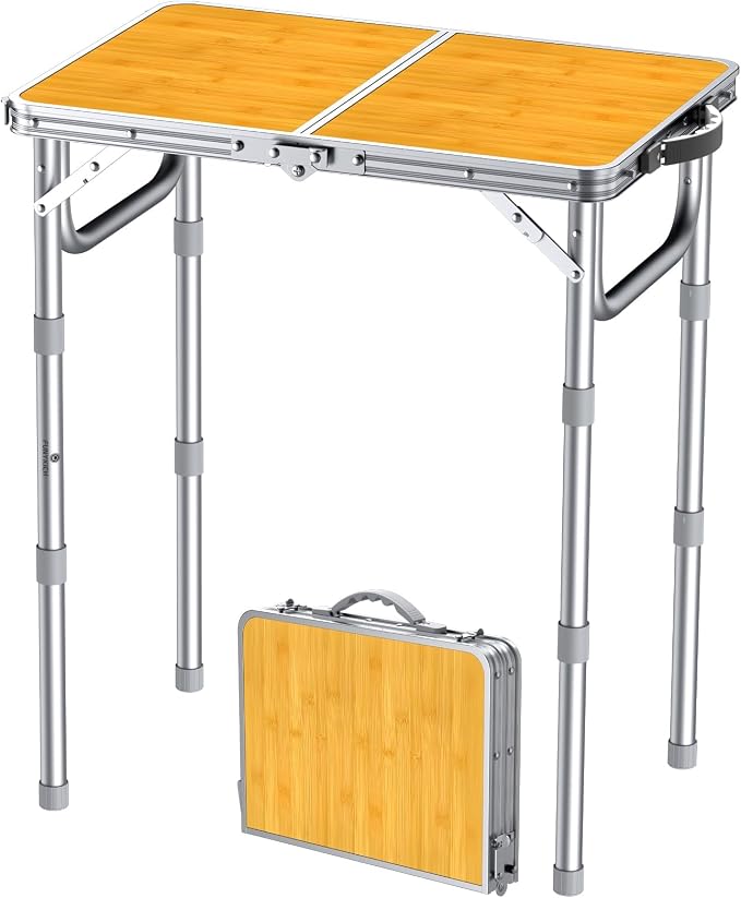 FUNYKICH 2ft Folding Camping Table 22.8''x15.7''x27.5'',3 Height Adjustable | Lightweight Aluminum Outdoor Small Tables with Carry Handle for Car Camping, Backpacking, Picnic, BBQ, Yellow