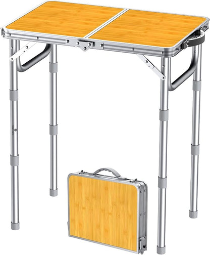 FUNYKICH 2ft Folding Camping Table 22.8''x15.7''x27.5'',3 Height Adjustable | Lightweight Aluminum Outdoor Small Tables with Carry Handle for Car Camping, Backpacking, Picnic, BBQ, Yellow
