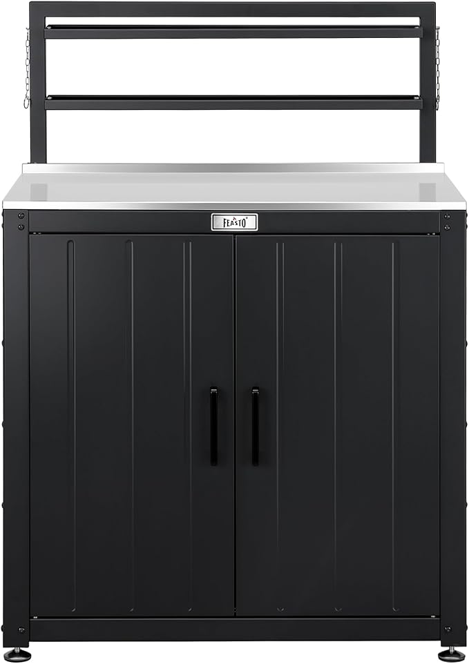 Feasto Outdoor Potting Bench Table with Storage Cabinet, Stainless Steel Garden Workstation, Raised-Edge Top, Adjustable Shelf & Removable Hutch for Patio, Balcony & Outdoor Workspace, Black