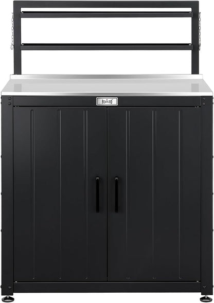 Feasto Outdoor Potting Bench Table with Storage Cabinet, Stainless Steel Garden Workstation, Raised-Edge Top, Adjustable Shelf & Removable Hutch for Patio, Balcony & Outdoor Workspace, Black