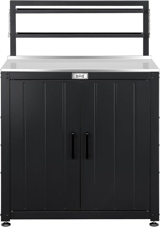 Feasto Outdoor Potting Bench Table with Storage Cabinet, Stainless Steel Garden Workstation, Raised-Edge Top, Adjustable Shelf & Removable Hutch for Patio, Balcony & Outdoor Workspace, Black