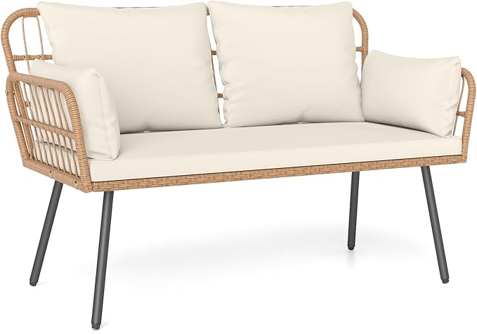 Tangkula Patio Wicker Loveseat, Outdoor 2-Seater PE Rattan Sofa with Pillows, Cushions, Metal Frame & Adjustable Foot Pads, 800 lbs Outside Couch for Porch, Backyard & Poolside (Off White, 50.5" L)