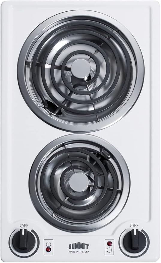 Summit 12" 2 Burner Electric Cooktop. 230V Radiant Cooktop, Coil Elements, Made in the USA, White- CCE225WH