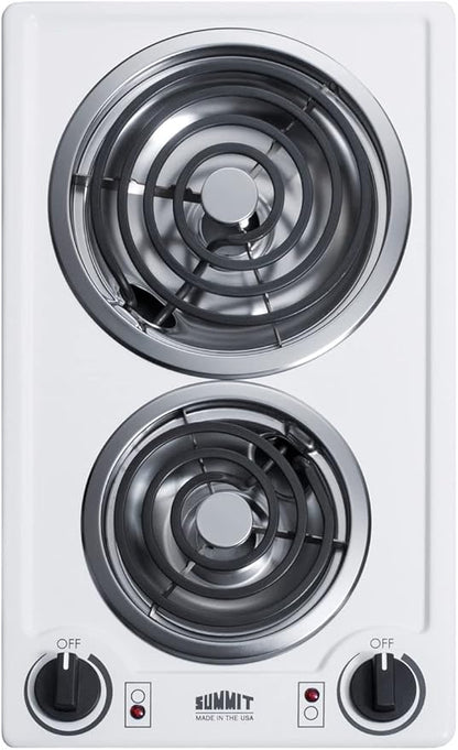 Summit 12" 2 Burner Electric Cooktop. 230V Radiant Cooktop, Coil Elements, Made in the USA, White- CCE225WH