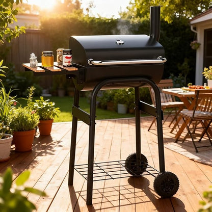 Gecheer Charcoal Grill, Barrel BBQ with Foldable Side Table, Thermostat, 24 Inch Portable Grill for Backyard, Patio, Camping and Tailgate Parties