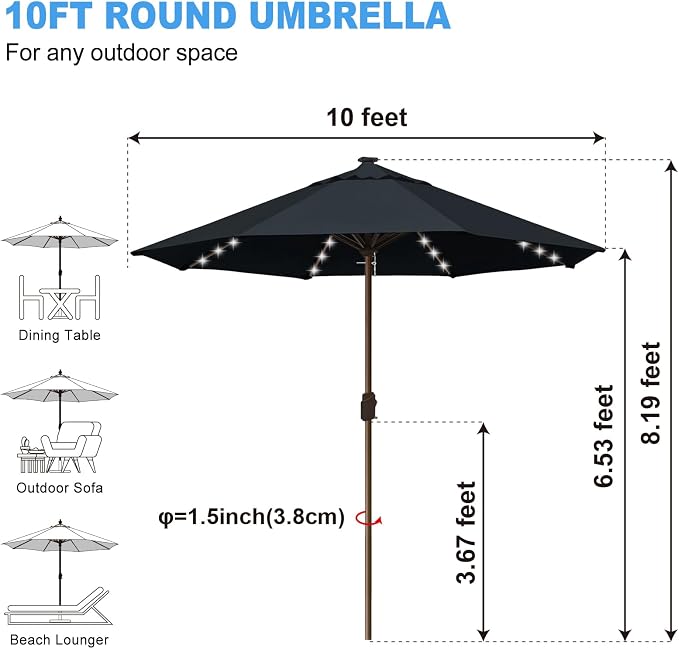Eurmax USA 10-Year-Non-Fading 10FT Outdoor Patio Market Umbrella with LED Lights,UPF50+ UV Resistant,Heavy Duty Commercial Grade,Crank Lift Design,Windproof Vented Top for Garden,Pool,Deck,Black