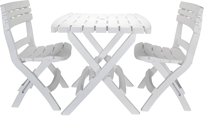 Camco Outdoor Table and Chair Set | Features Foldable Design for Compact RV Storage and Organization | Great for Camping, Events, Patios, and More | No-Tool Assembly | 3-Piece, White (51640)