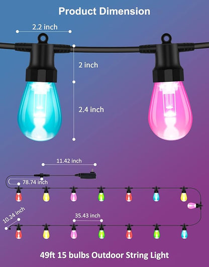 XHT Outdoor String Lights 49FT, Color Changing RGBW Patio String Lights with 15 LED Bulbs, App & Remote Control, IP66 Waterproof Shatterproof Backyard Lights