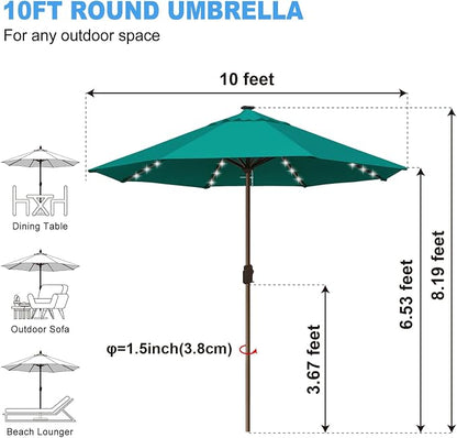 Eurmax USA 10-Year-Non-Fading 10FT Outdoor Patio Market Umbrella with LED Lights,UPF50+ UV Resistant,Heavy Duty Commercial Grade,Crank Lift Design,Windproof Vented Top for Garden,Pool,Deck,Teal