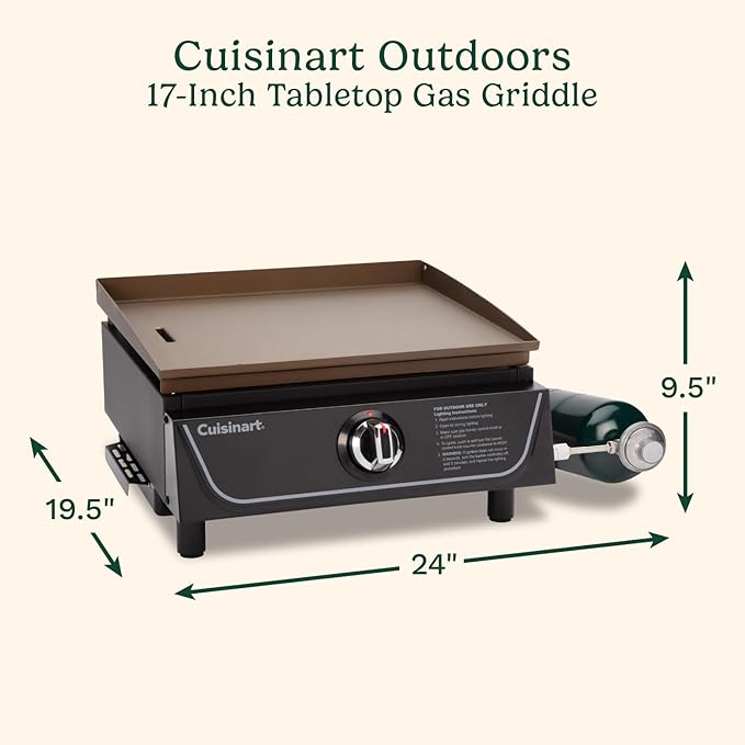 Cuisinart 17” Tabletop Gas Griddle, Easy Assembly Compact Outdoor Flat-Top Grill with Grease Cup, 255 Sq. In Cooking Space Perfect for Camping, Tailgates & BBQs