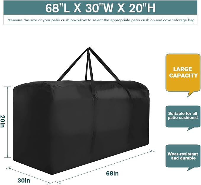 Patio Waterproof Extra Large Protective Zippered Outdoor Cushion Furniture Storage Bag with Handles, 68in L x 30in W x 20in H (1 Pack)