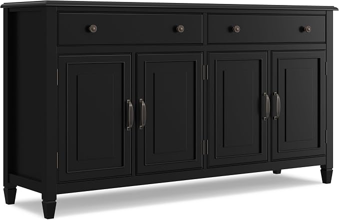 SIMPLIHOME Connaught 67" Wide Solid Wood Sideboard Cabinet in Black | Traditional 4-door dining room buffet with 2 drawers and adjustable shelves for organized kitchen or living room storage.