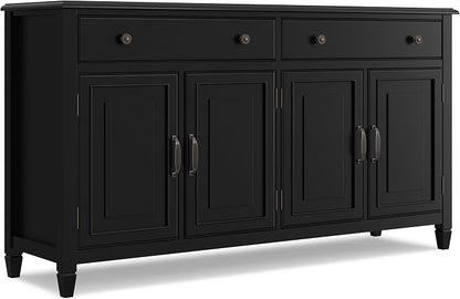 SIMPLIHOME Connaught 67" Wide Solid Wood Sideboard Cabinet in Black | Traditional 4-door dining room buffet with 2 drawers and adjustable shelves for organized kitchen or living room storage.