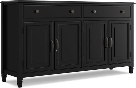 SIMPLIHOME Connaught 67" Wide Solid Wood Sideboard Cabinet in Black | Traditional 4-door dining room buffet with 2 drawers and adjustable shelves for organized kitchen or living room storage.