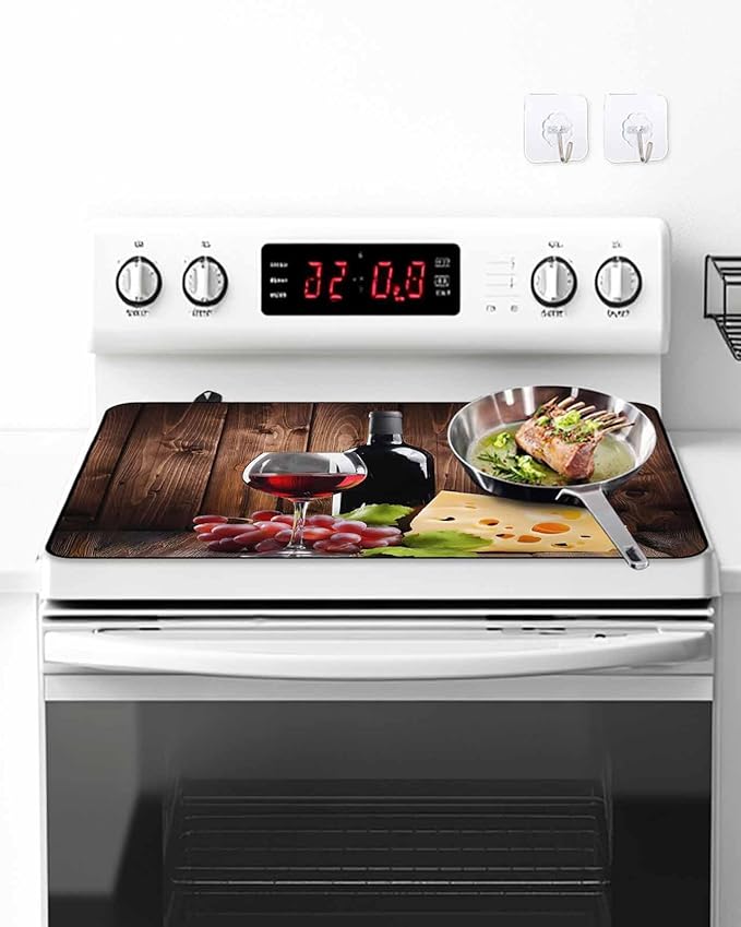 Stove Top Covers for Electric Stove 31x24 Inches, Red Wine Grapes HeatResistant Glass Cooktop Protector, Vintage Brown Wood Farmhouse Ceramic Stovetop Countertop Covers Mat, Oven Cover Kitchen Decor