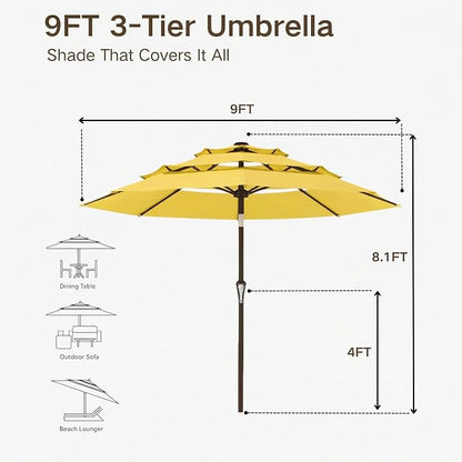 Kingdura 9ft 3-Tier Patio Umbrella, Outdoor Table Umbrella with Easy Crank & Tilt, 8 Reinforced Ribs, UV Protection for Deck, Pool, Market, Backyard (Yellow)