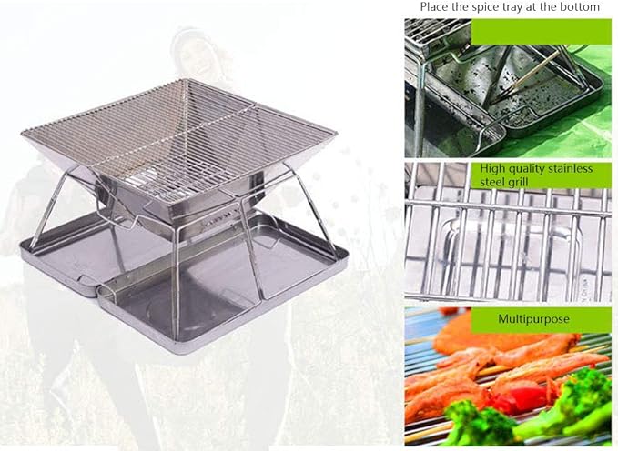 Portable BBQ Grill Folding Stainless Steel Griddle Barbecue Charcoal Grill Smoker Barbecue with Chrome Plated Cooking Grid for Table Camping Outdoor Garden Grill BBQ Utensil